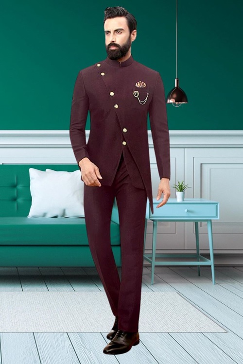 Wine Rayon Terry Rayon Jodhpuri Suit