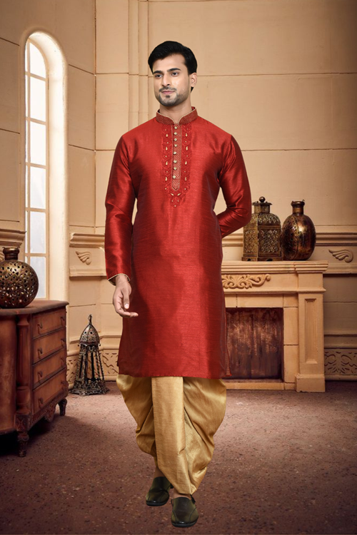 Men's Maroon Art Silk Dhoti Kurta