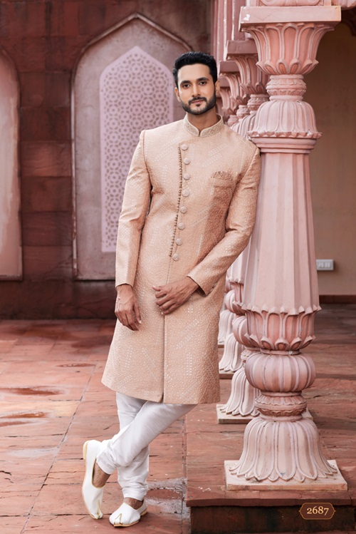 Men's Peach Embroidered Sherwani