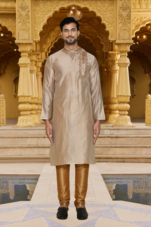 Men's Beige Embroidered Kurta Churidar