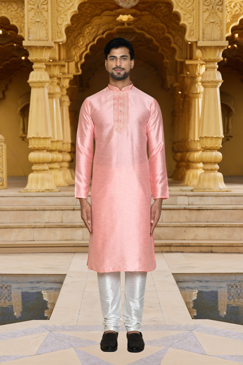 Men's Pink Woven Kurta Churidar