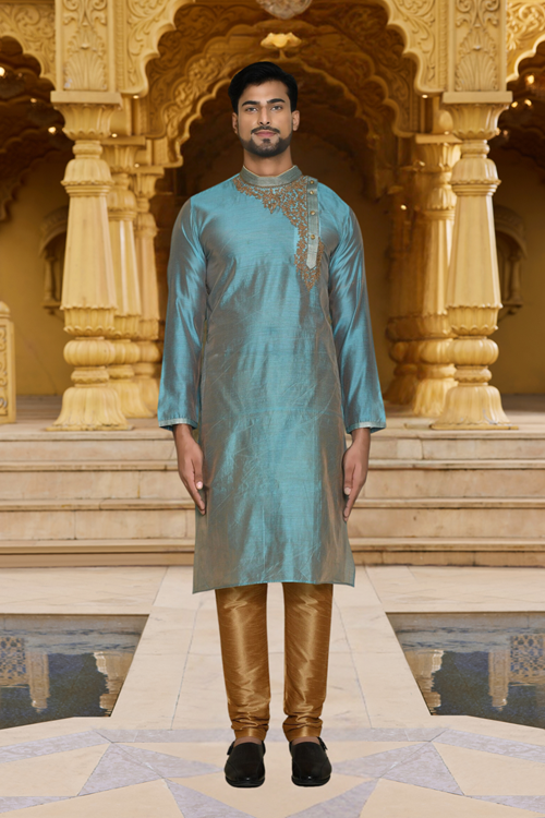 Men's Blue Embroidered Kurta Churidar