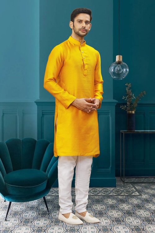 MEN'S YELLOW WOVEN KURTA PAJAMA