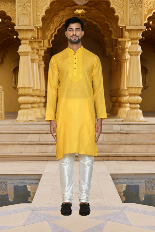 Men's Yellow Cotton Woven Kurta Churidar