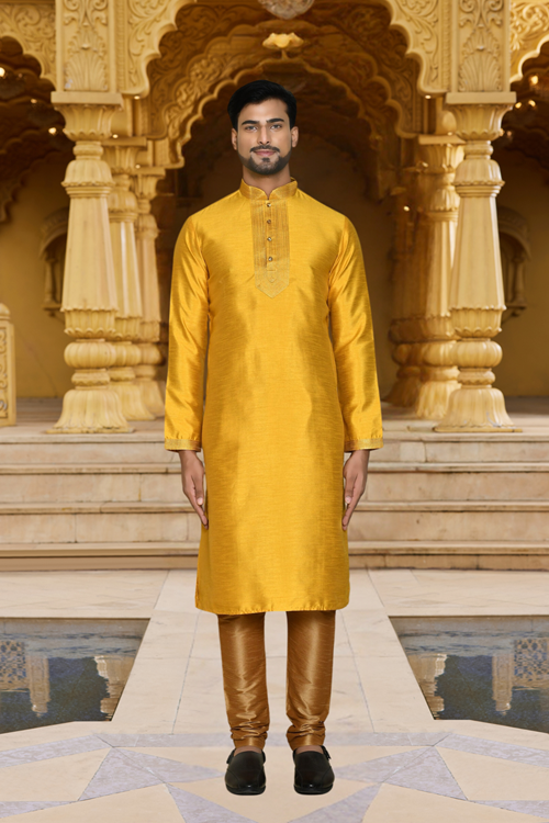 Men's Yellow Woven Kurta Churidar