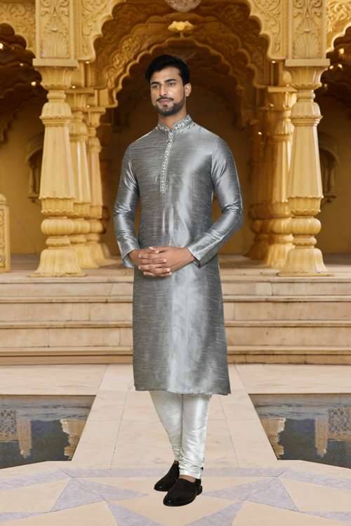 Men's Grey Embroidered Kurta Churidar