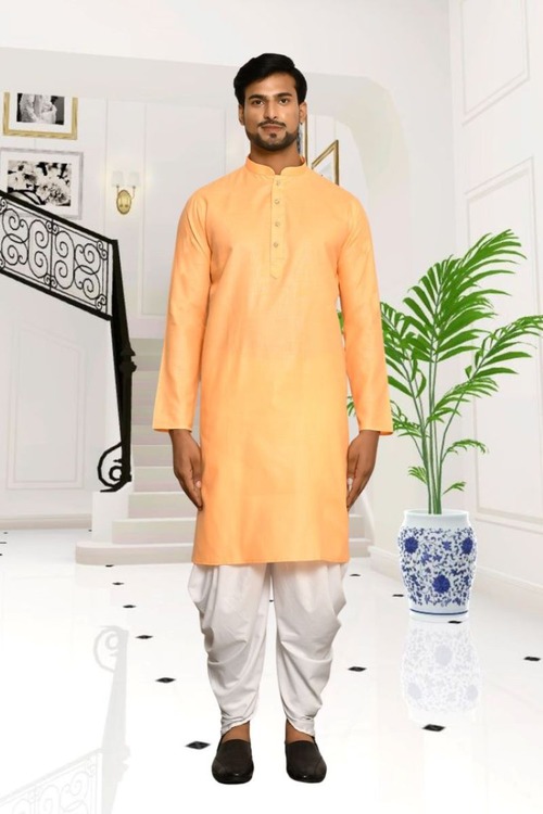 Orange Plain Cotton Full Sleeve Kurta And Dhoti Set For Men