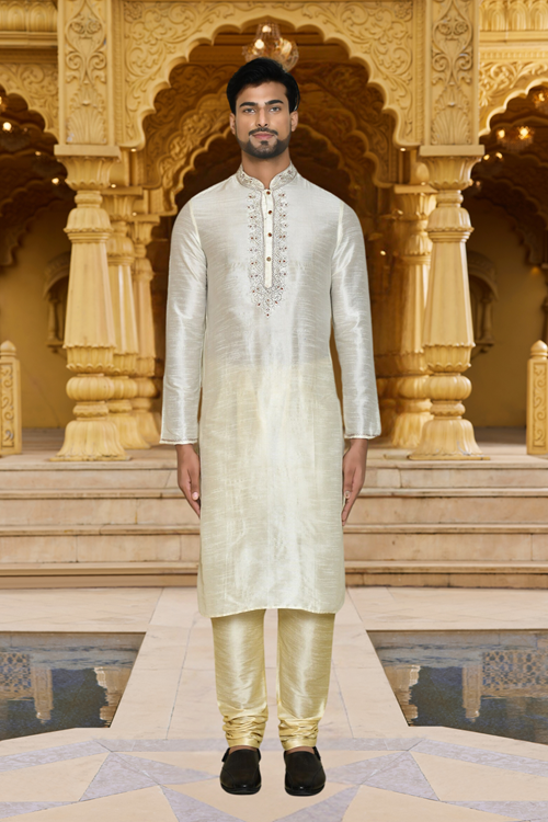 Men's White Embroidered Kurta Churidar