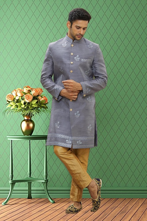 MEN'S GREY EMBROIDERED SHERWANI