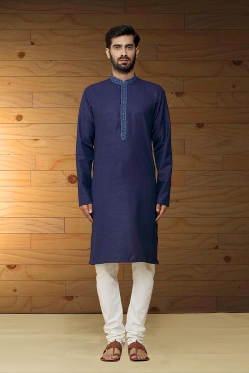 Navy Blue Dupion Silk Plain Full Sleeve Kurta And Churidar Set For Men