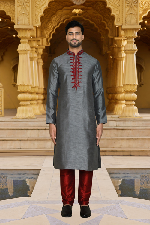 Men's Grey Embroidered Kurta Churidar