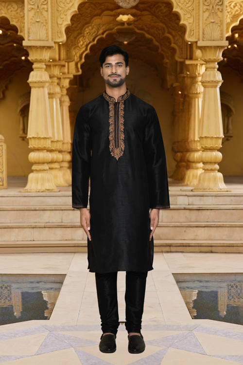 Men's Black Embroidered Kurta Churidar