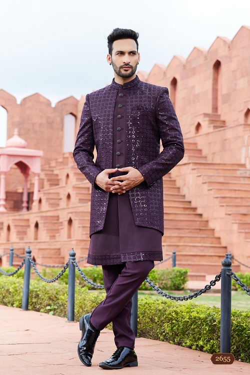 Refined Men's Dark Wine Computer Thread Work Art Silk Sherwani Set