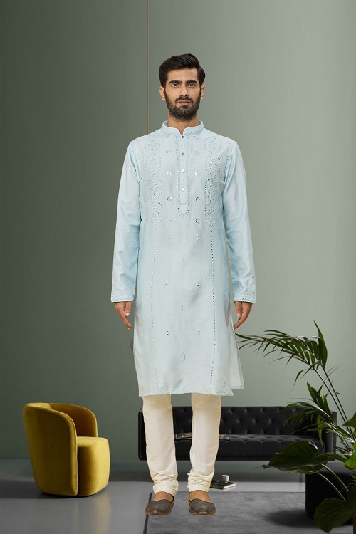  Men's Sky Blue Embroidered Kurta Pajama