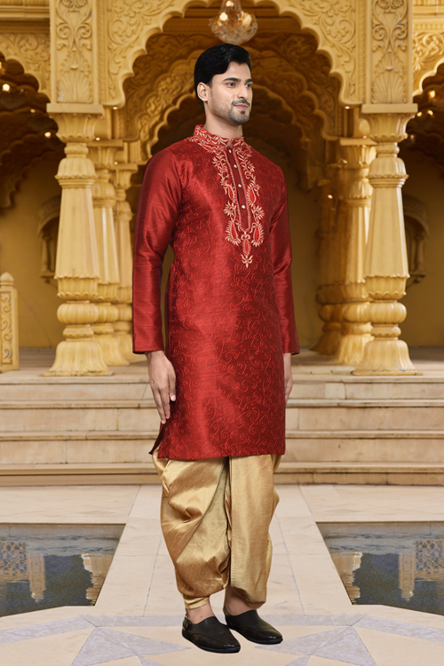 Men's Wear Maroon Art Silk Dhoti Kurta