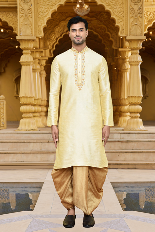 Men's Wear Fawn Art Silk Dhoti Kurta