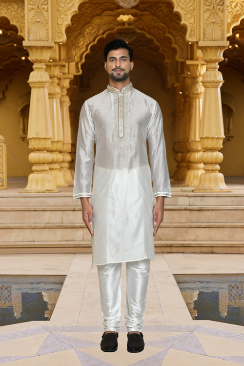 Men's White Embroidered Kurta Churidar