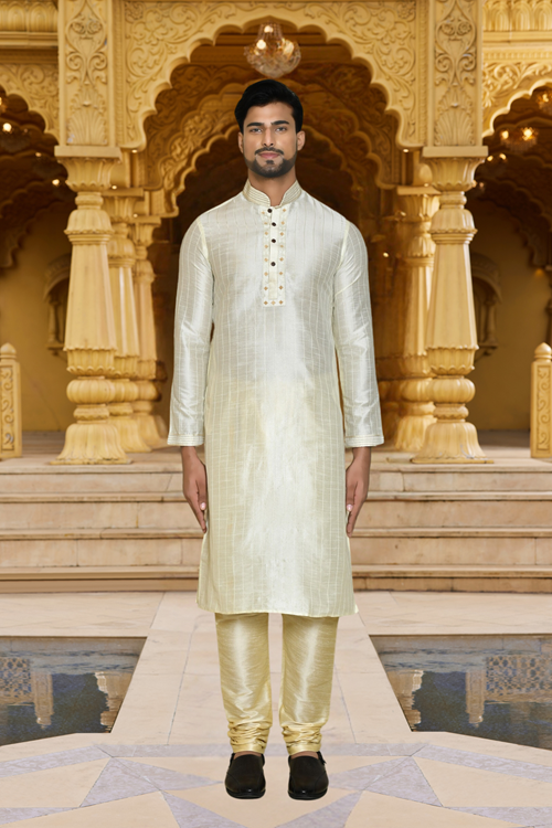 Men's White Embroidered Kurta Churidar