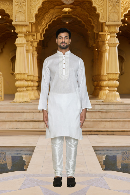 Men's White Cotton Woven Kurta Churidar