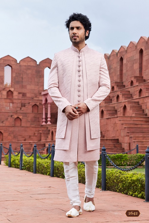 Elegant Men's Peach Computer Thread Work Art Silk Sherwani Set